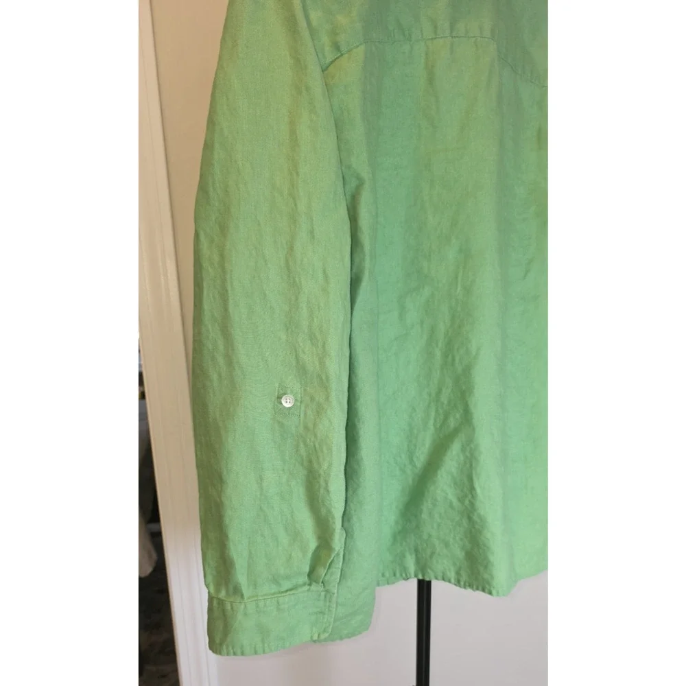 Talbots Linen Button Up Shirt Green Roll Tab Long Sleeve Womens Plus 2X - Picture 3 of 10